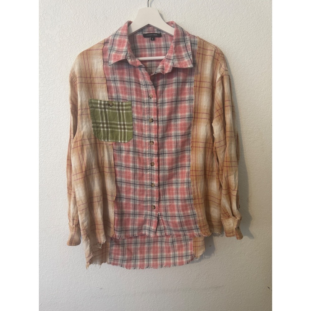 Papermoon Womens Patchwork Plaid Distressed Button Down Shirt Size S